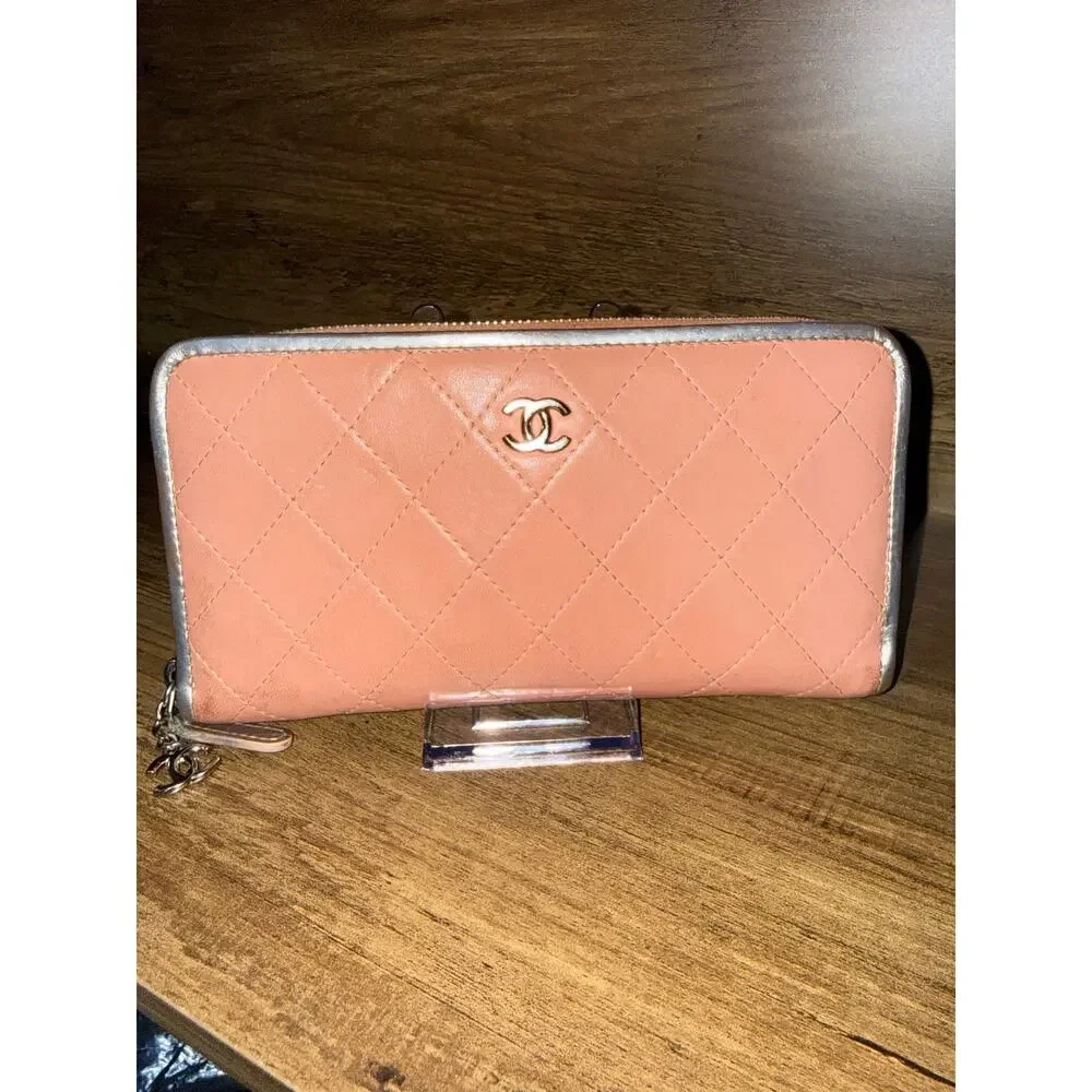 Chanel Quilted Zip Around Wallet – Pink Leather with Silver Hardware & Trim